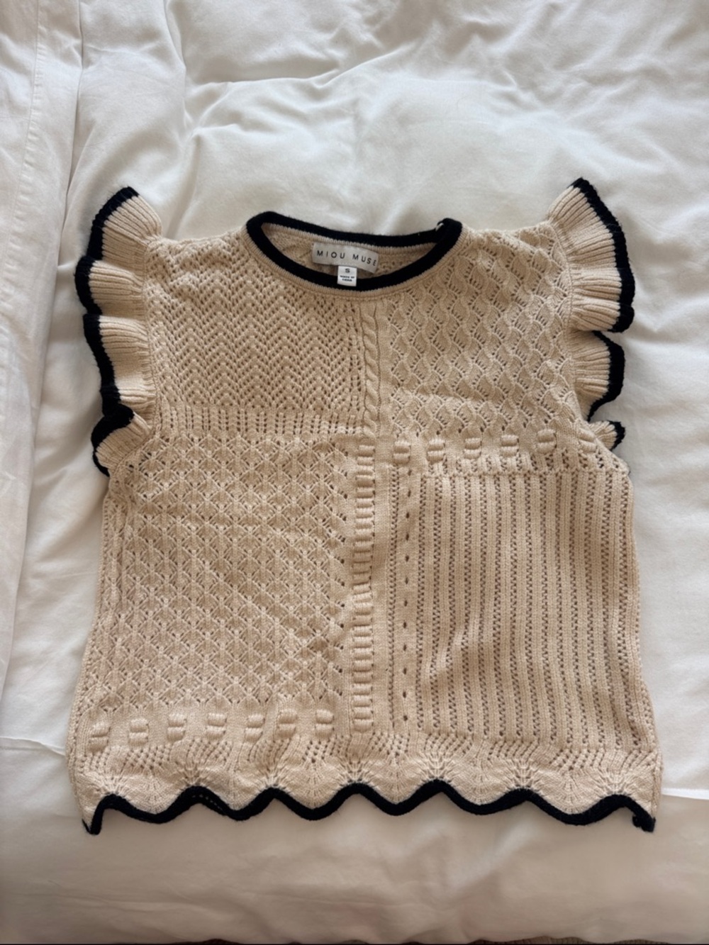 Miou Muse Cream Knit Ruffle Sleeve Sweater with Black Trim